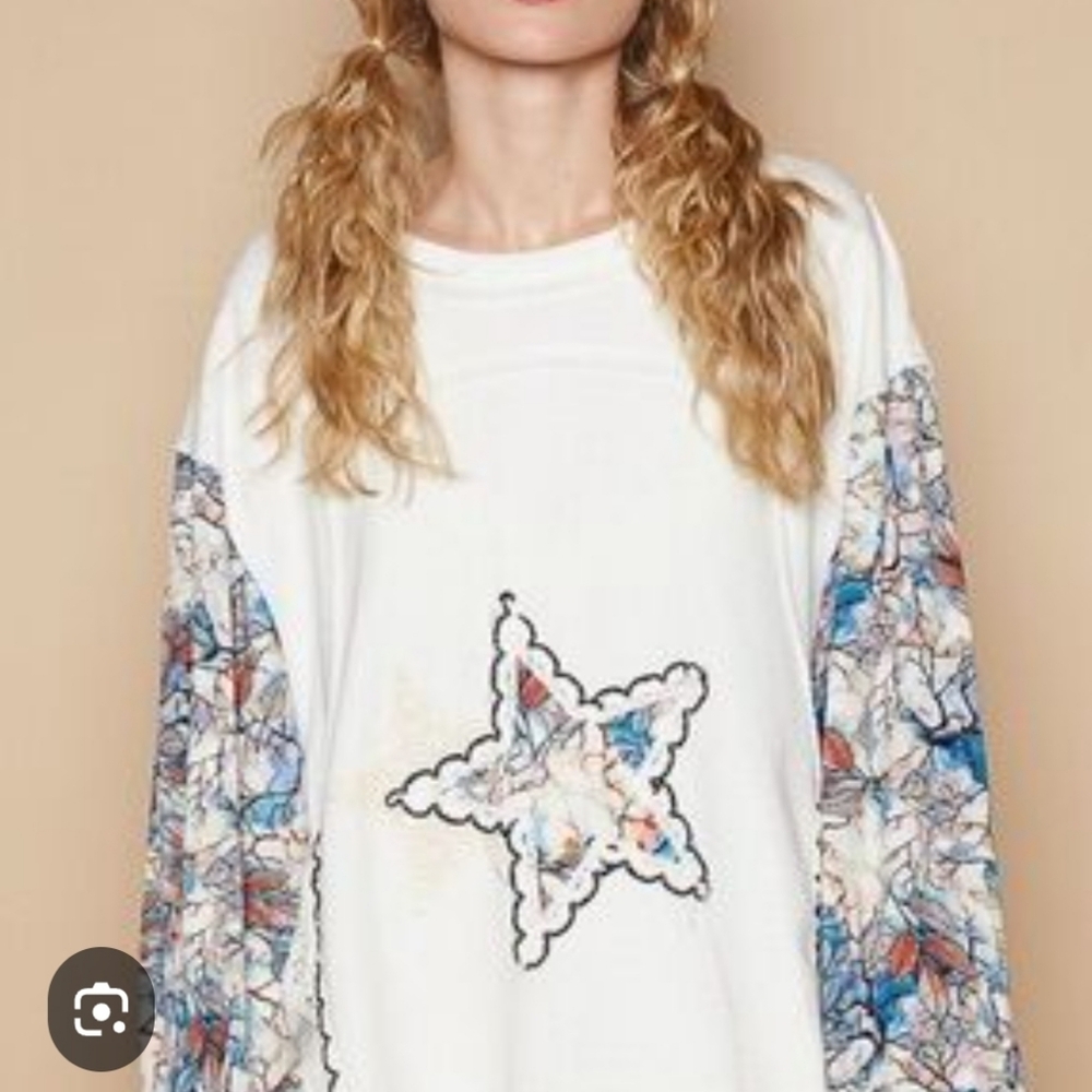 Pol White Star Patch Pullover With Multicolor Mar… - image 1